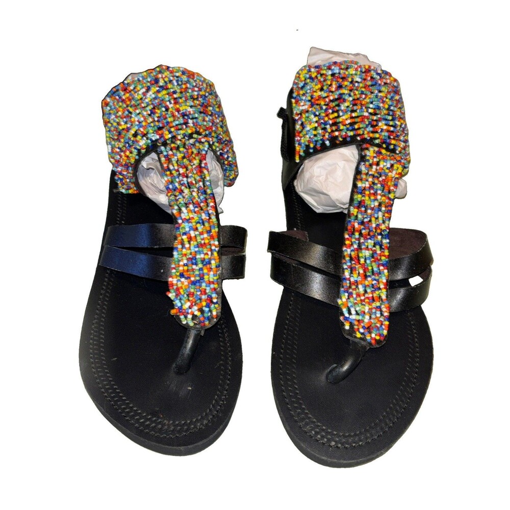 Masai Maasai African Leather Sandals Sz 11.5 Handcrafted Beaded Boho Hippie Chic